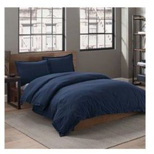 Garment Washed Solid Duvet Cover Set - Navy - F/Qn